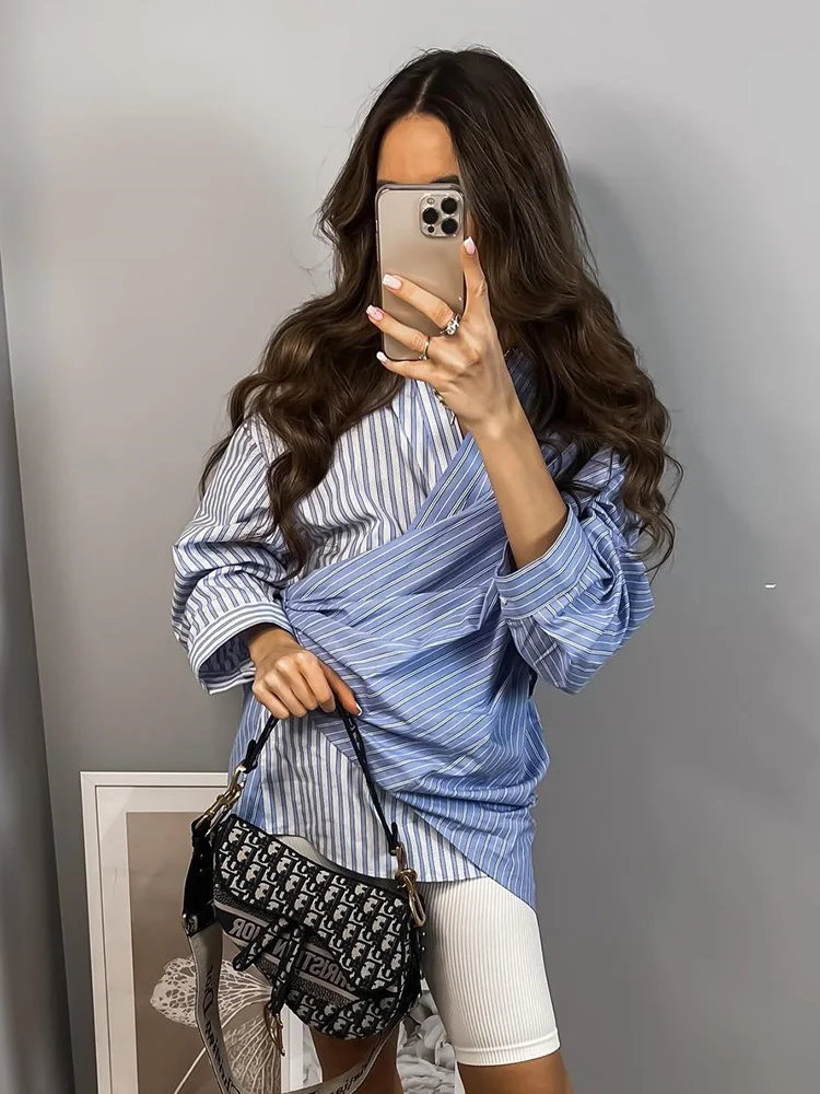 

Chicheca Striped Blue Batwing Sleeve Oversize Shirt for Women 2023 V Neck Wrap Loose Fashion Long Blusa Spring Summer Top