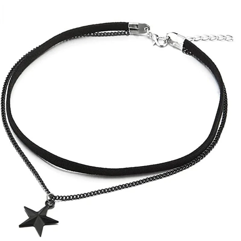

Ladies Womens Two-Rows Black Choker Necklace with Black Chain and Pentagram Star Charm Pendant Multilayer Collar Necklace