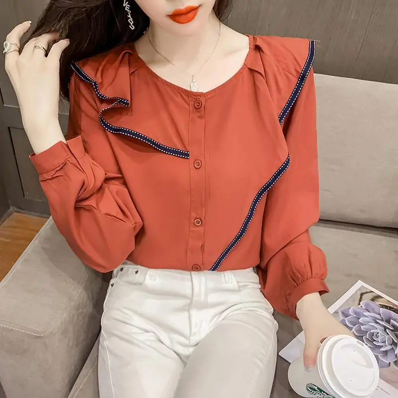 Модная шифоновая рубашка с круглым вырезом и пуговицами оборками женская одежда