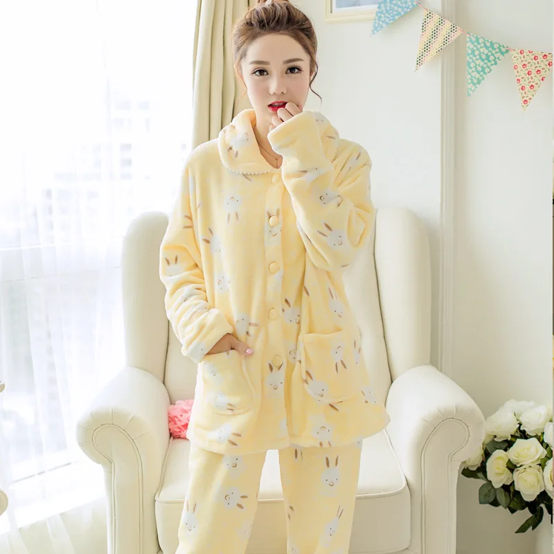 Flannel pajamas women winter plus size coral fleece cardigan women's sleepwear suit home service