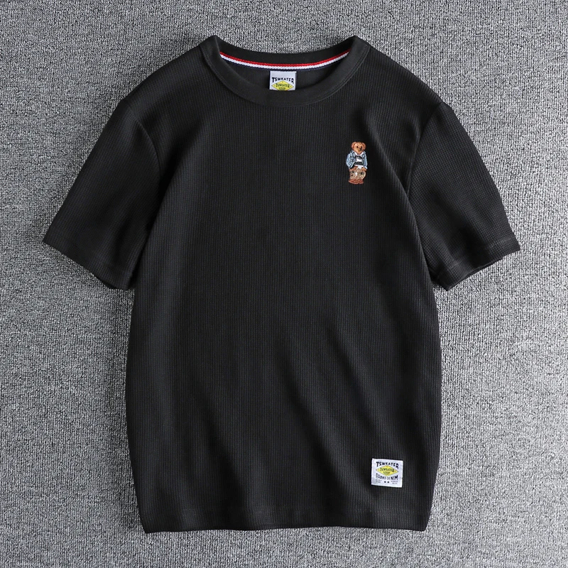 

250G Heavy-duty Washed Waffle Fabric Short-sleeved T-shirt Men's Summer American Trend Youth Round Neck Half-sleeve Bottoming