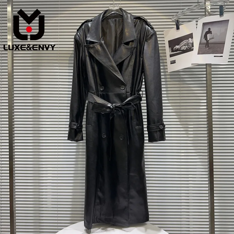 

Женский двубортный плащ люкс & ENVY, однотонный Простой жакет из искусственной кожи с отложным воротником и длинным рукавом, с поясом, осень 2023