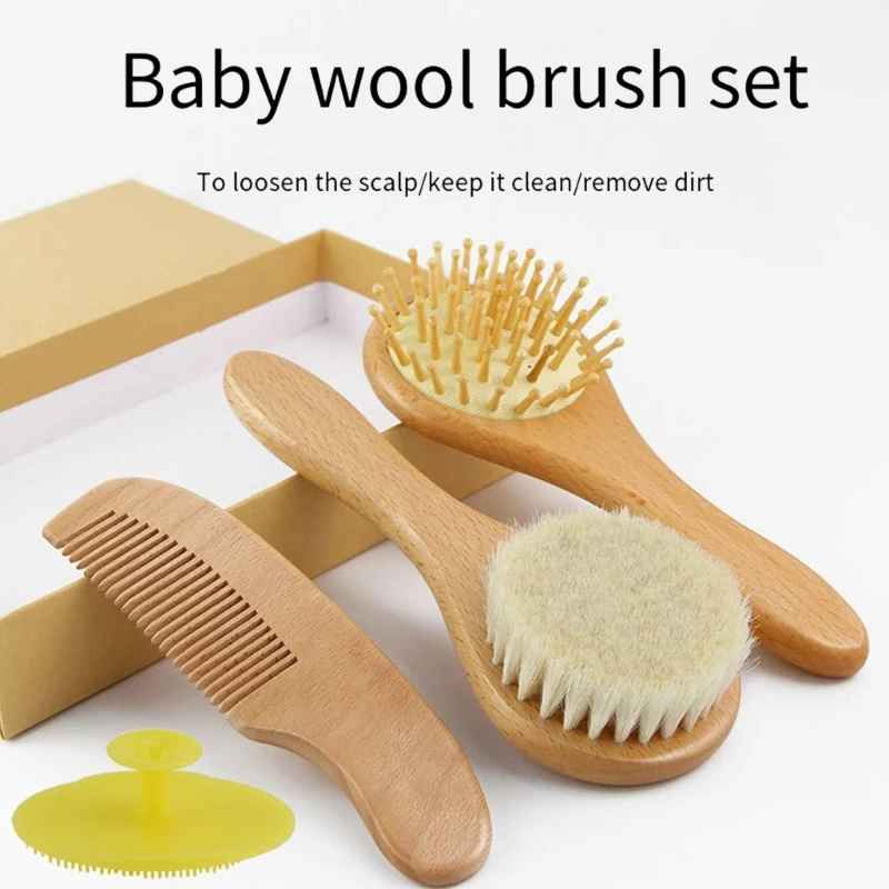 

4pcs Baby Hair Brush Hair Comb Set Round Wooden-Brush Newborn Scalp Head Massager Brush Infant Hair Comb Bathing Brushes