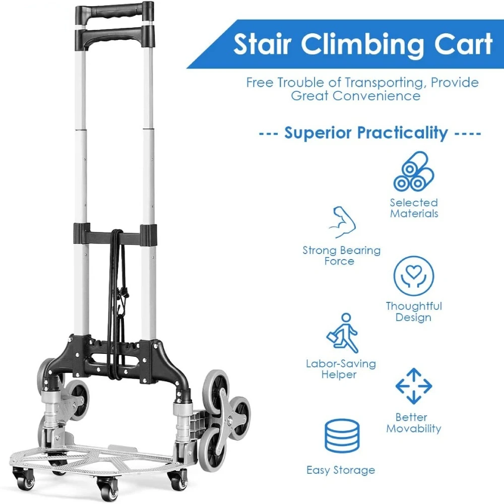 150KG All Terrain Stair Climbing Cart Hand Truck with Bungee Cord  Folding Trolley for Upstairs Cargo with Bag 6 Crystal Wheels