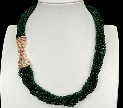 

4 Strands 4mm Faceted Round Green Jades Multi Strands Necklace Cubic Zirconia Pave clasp 19"