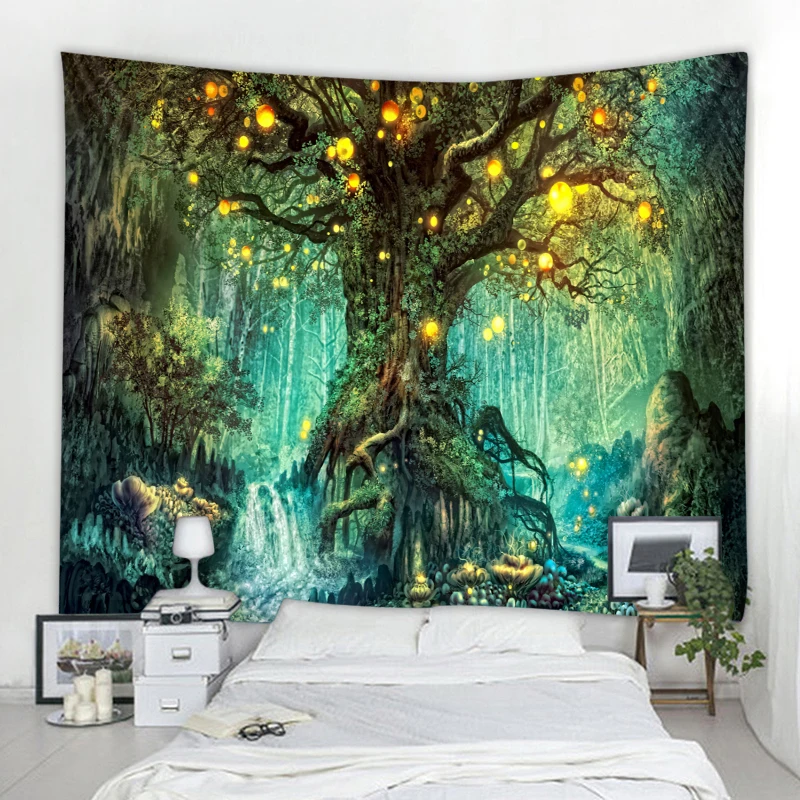 

Tapiz de árbol de la vida forestal, tapiz colgante de pared de paisaje, decoración de sala de estar, tapiz de árbol de linterna,