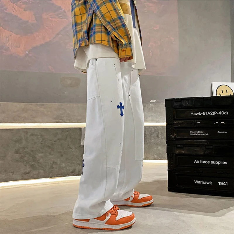 Four Seasons Jeans Straight Loose Casual Pants Blue and White Cross Patches Men's and Women's Same Style Streetwear Ins Hot Sale