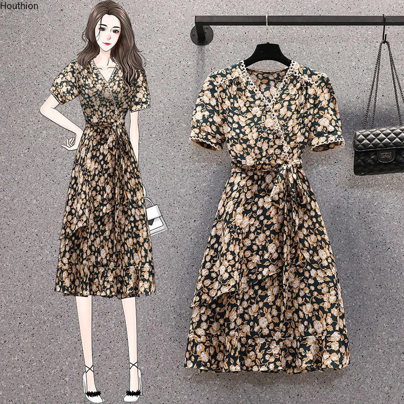 

Chiffon Loose Women's Dress New Fashion Dresses Mid-length Summer A-LINE Short Sleeve Floral Print