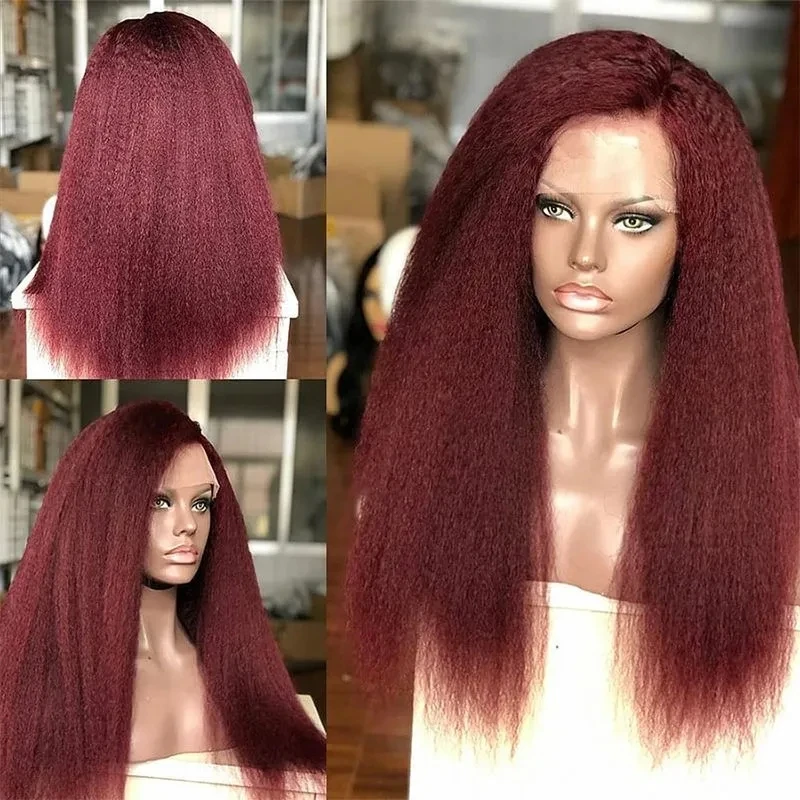 

28 inch Soft Burgundy Yaki Kinky Straight Synthetic Lace Wig For Women Natural HairlineLace Front Wigs With Baby Hair
