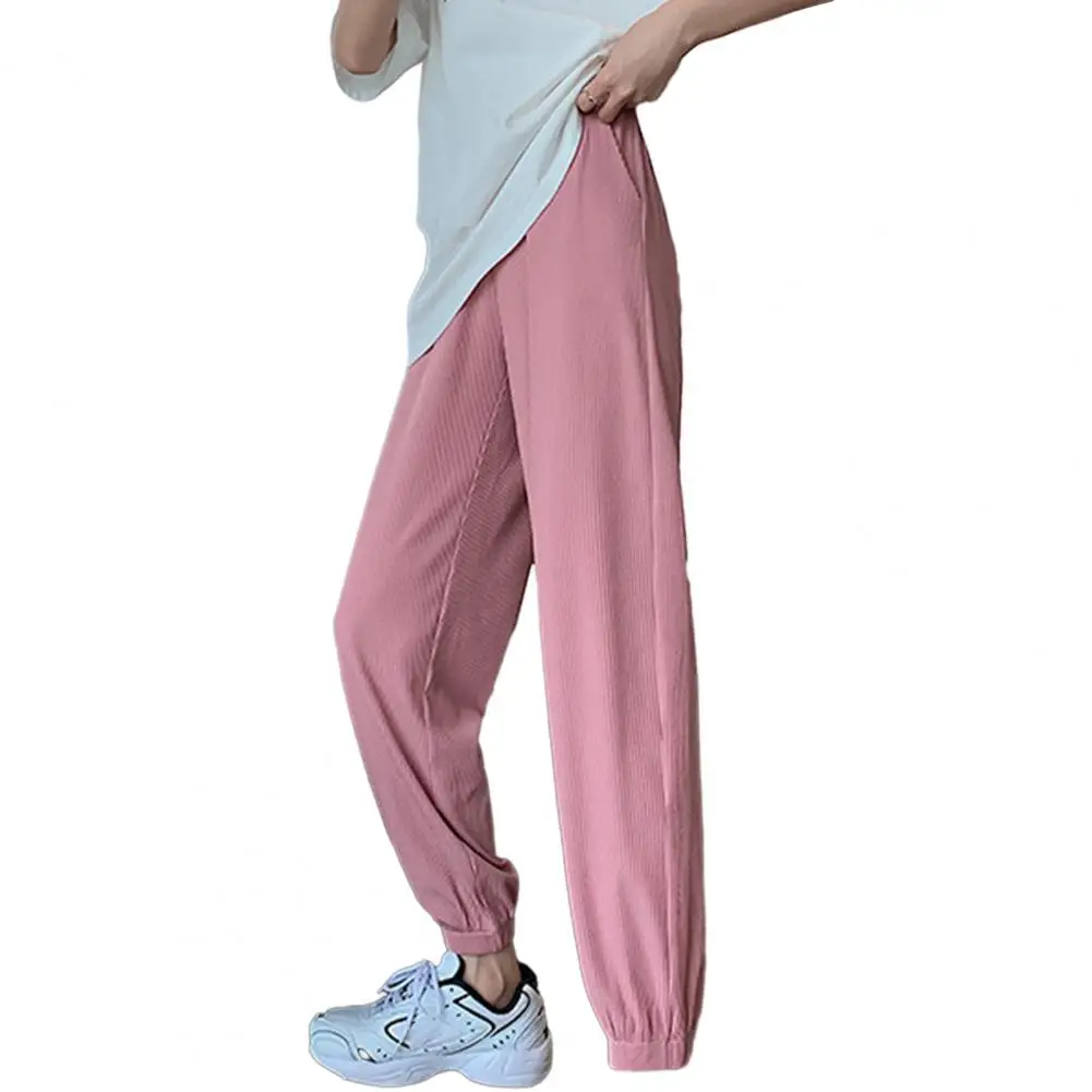 Casual Women Pants Ice Silk Loose Ankle Length Ankle-banded Elastic Waist Drawstring Pocket Breathable Solid Color Sweatpants