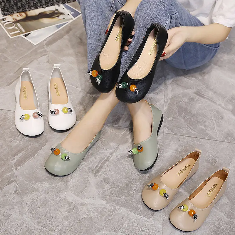 Feerldi Moccasins Woman Round Toe Shallow Flats Plus Size 41 Mom Slip On Ballerina Shoes Ladies Candy Color Bead Deco Loafers