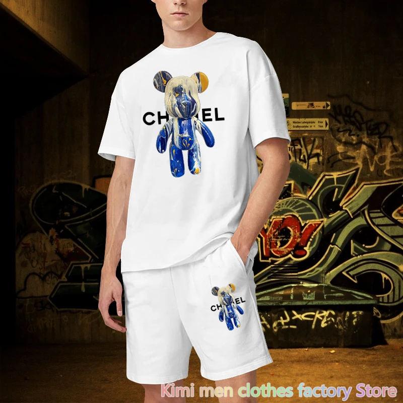 TShirts Shorts Sets Bear print Cotton Set Men Oversized 2 Piece Outfits Sets for Men Summer Streetwear Tracksuit Jogging suit