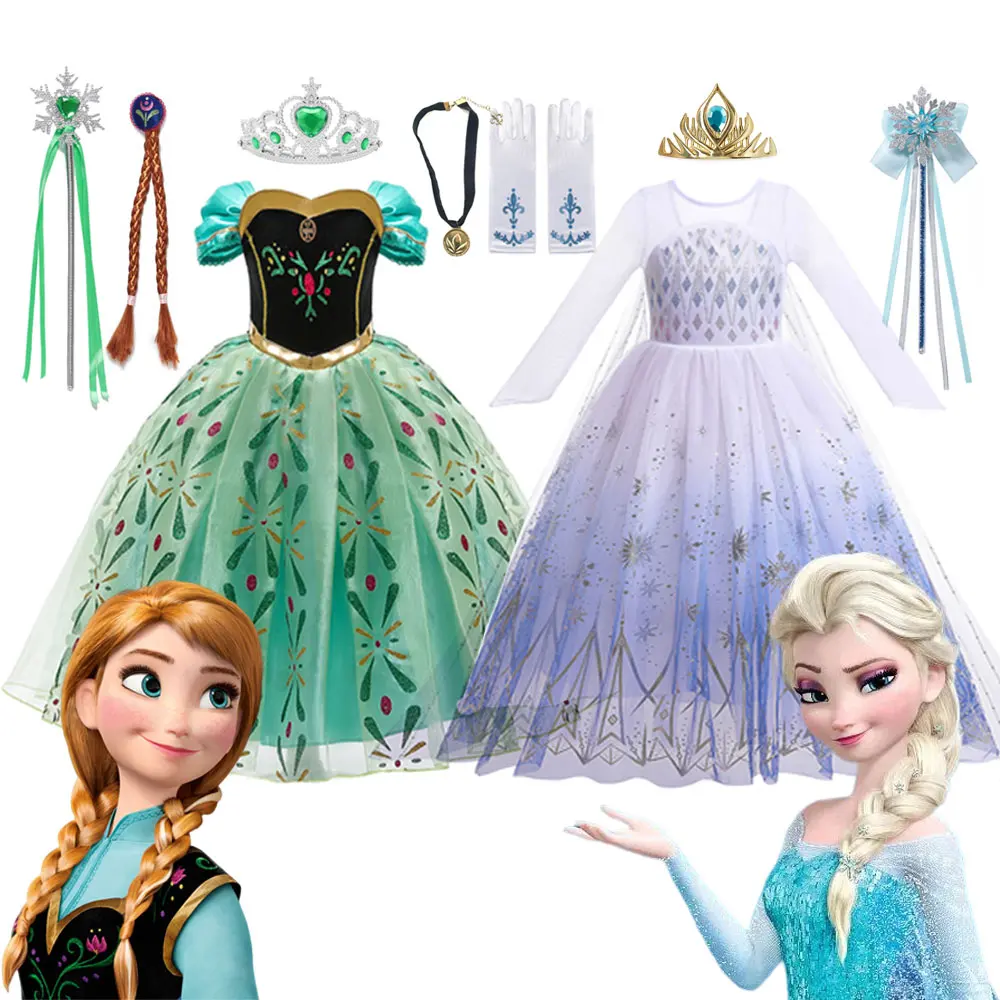 Disney Elsa Anna Princess Dress for Girls White Sequined Mesh Ball Gown Carnival Clothing Kids Cosplay Snow Queen Frozen Costume