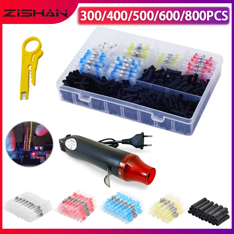 

800pcs Solder Seal Wire Connectors Heat Shrink Insulated Electrical Wire Terminals Butt Splice CableCrimp With 300W Hot Air Gun