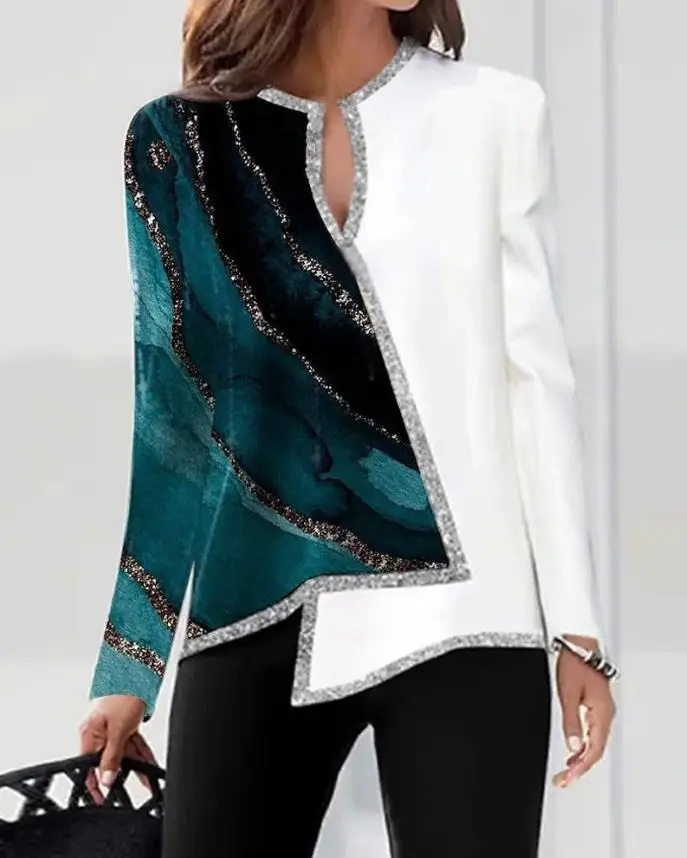 

Новинка 2023, постепенное изменение, длинный рукав, новый дизайн, топ с цветными блоками и мраморным принтом, асимметричный подол, пуловер на о...