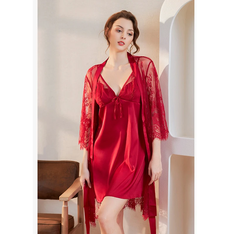 Женский пижамный комплект кружевной прозрачный халат ночная сорочка из вискозы