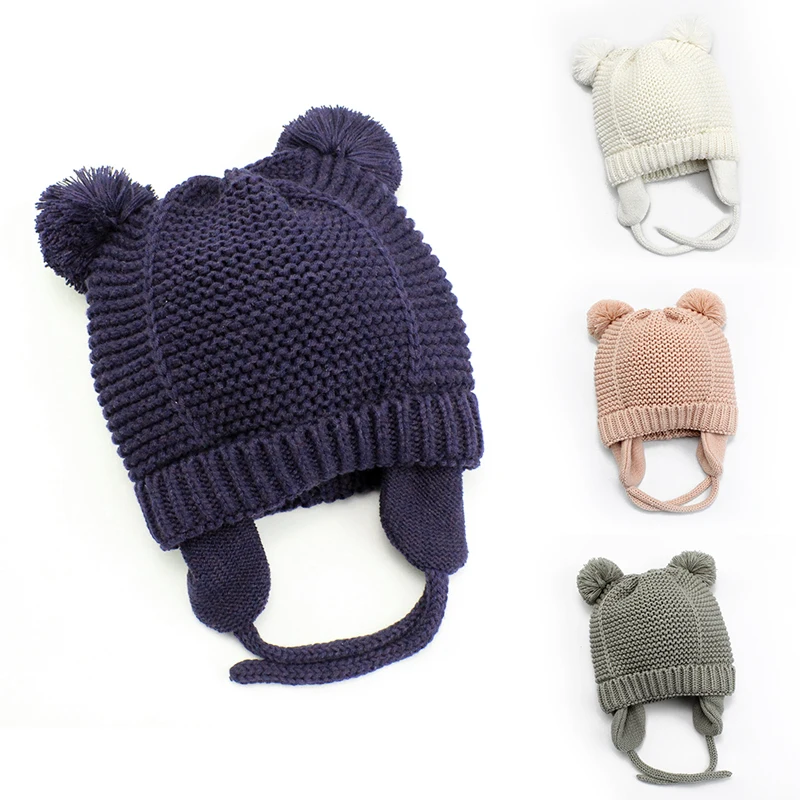 

Wool Warm Baby Hat Gloves Knitted Pompom Cap Thick Warm Girl/Boy Hat Gloves Beanie Winter Ear Warm Kids Hat Baby Bonnet Muts