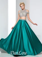 a line two piece floor length beaded straps neck zipper up long prom dress with satin 2022