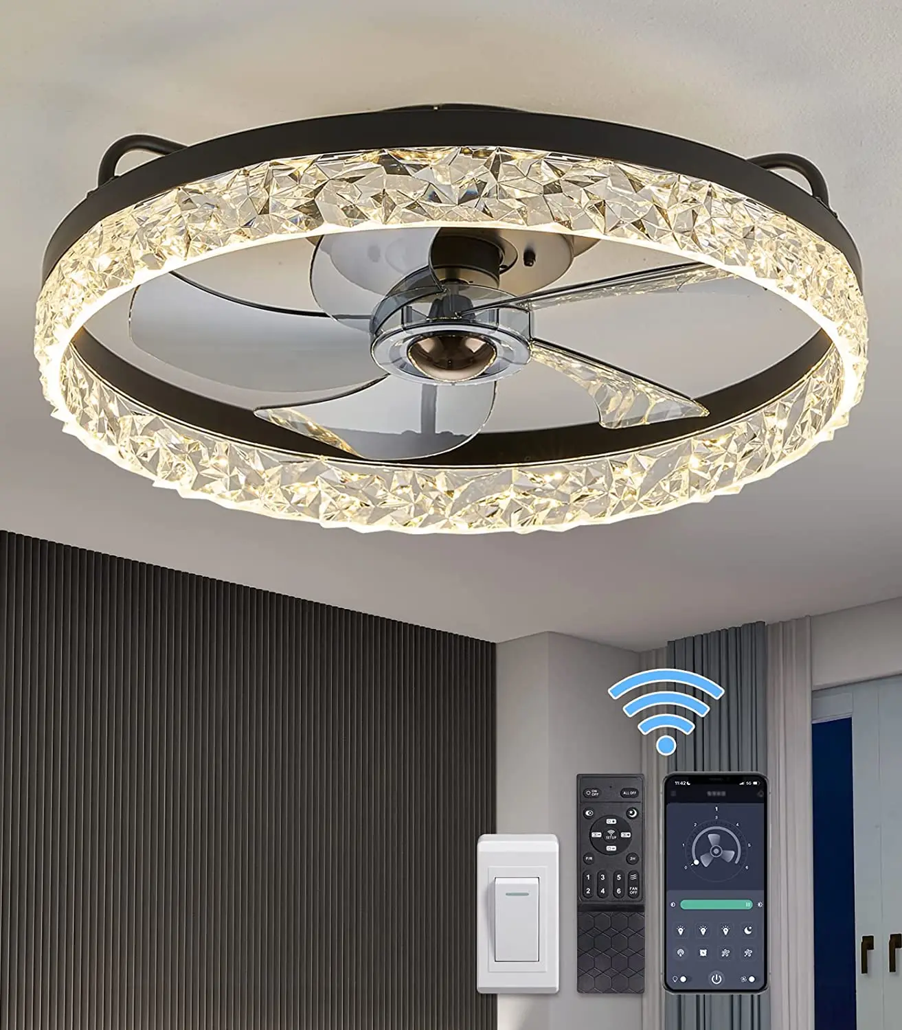 

LED Ceiling Fans With Lights And Remote Control Low Profile 3 Color 6 Speed 5 Blade With Timer for Bedroom Living Room Kitchen