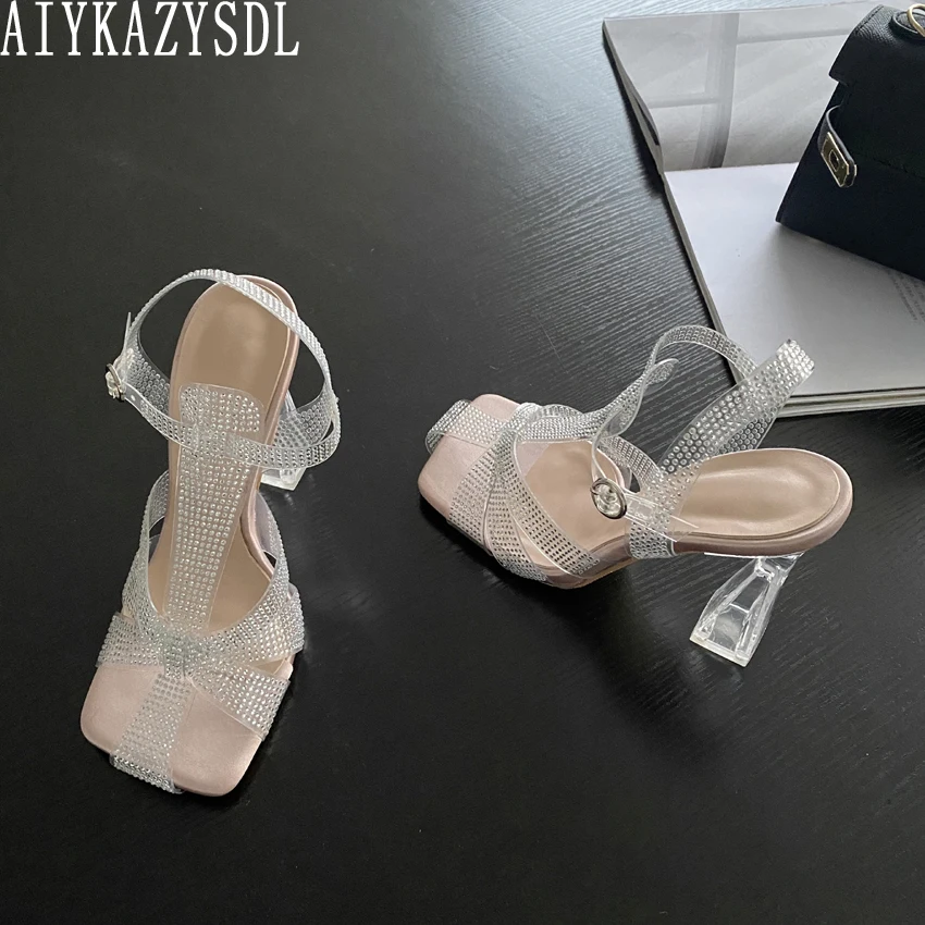 

Женские сандалии с ремешком на щиколотке AIYKAZYSDL, прозрачные туфли из ПВХ на толстом высоком каблуке, туфли-лодочки с кристаллами, новинка 2023