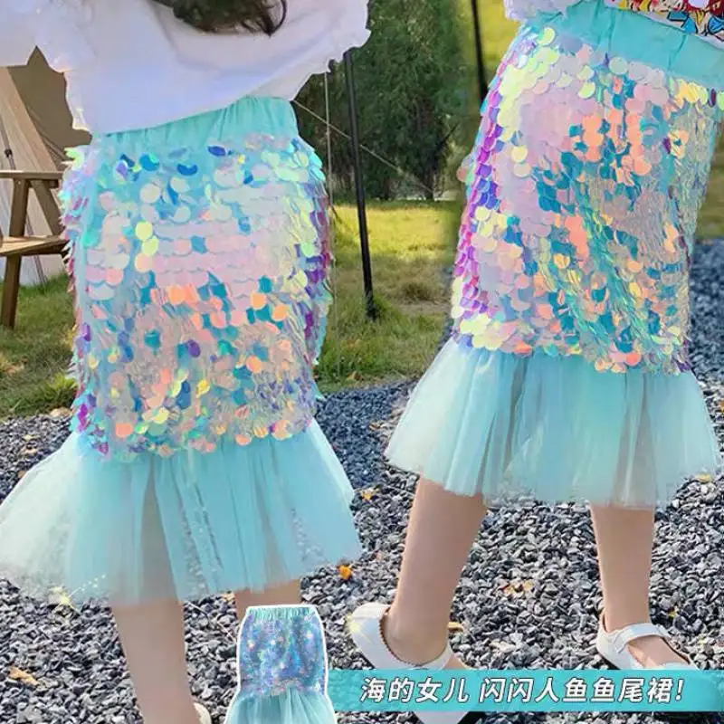 Summer New Girls Skirts Children‘s Half Dress Mini Skirt Daughter Of The Sea Blue Mermaid Princess Dress Special Sequins Dress