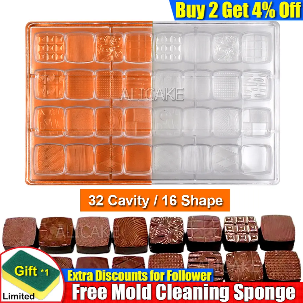 

32 Cavity Chocolate Mould Polycarbonate Professional 16 Shape Confectionery Bonbons Candy Bar Form Tray Baking Pastry Tools
