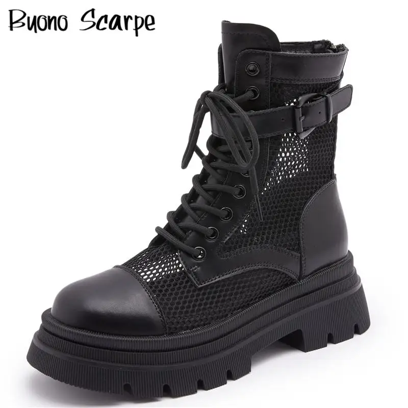 

Chunky Heel Mesh Women Boots Platform Zip Belt Buckle Casual Summer Shoes Breathable Fashion Punk Ankle Boots Thick Bottom Lady