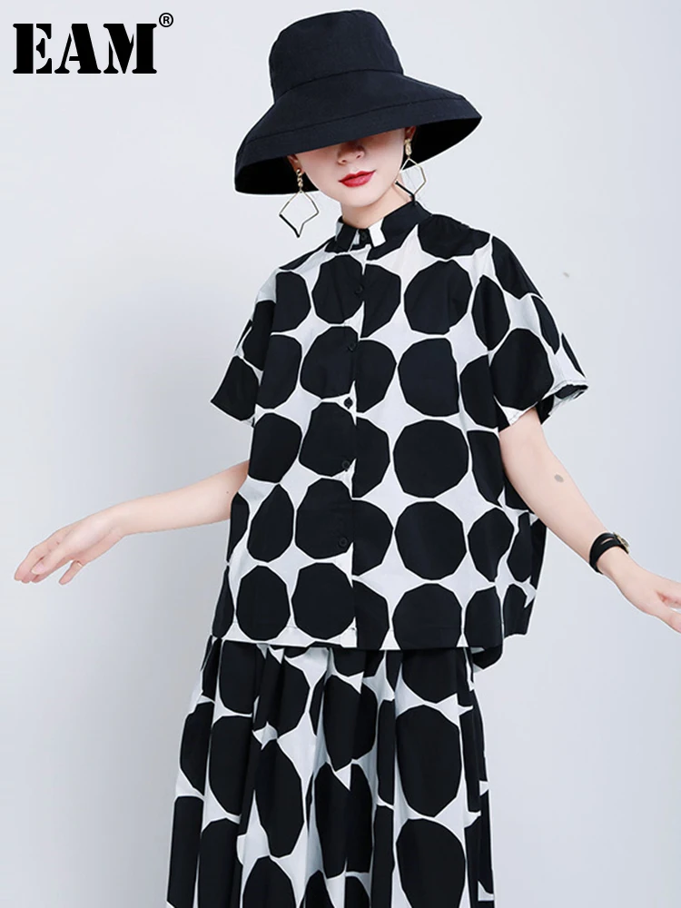 [EAM] Женская черная блузка большого размера с принтом в горошек новая свободная