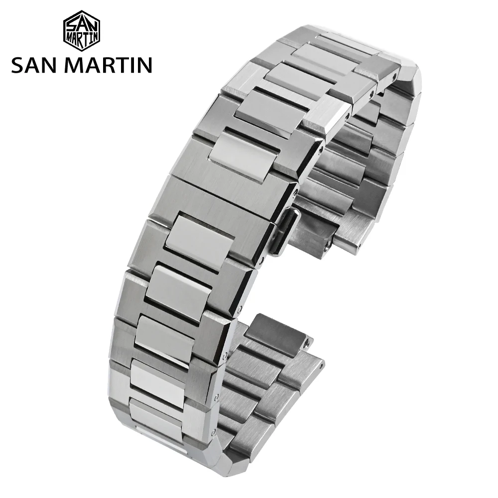 San Martin Solid 3-Link 316L Stainless Steel Bracelet Screw Design Watchband 20mm With Butterfly Clasp Waterproof SN0026
