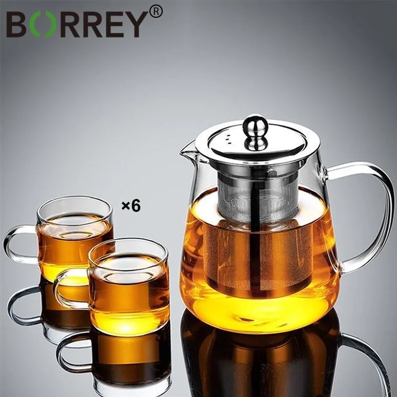 

BORREY Glass Teapot Cup Set Flower Teapot Coffee Pot Large With Removable Infuser Filter Heat-resistant Glass Tea Sets Kettle950