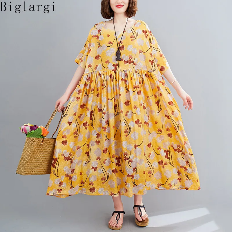 

Oversized Print Flower Dress Womens Summer Casual Big Size Women Loose Long Ladies Cotton Vintage Floral Print Long Dresses 2022
