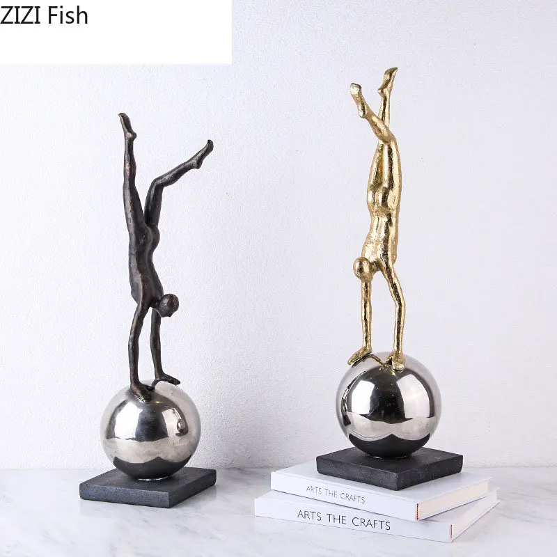 

Creative Handstand Character Resin Sculpture Silver Ball Crafts Desk Decoration Ornaments Abstract Figure Statue Modern Decor