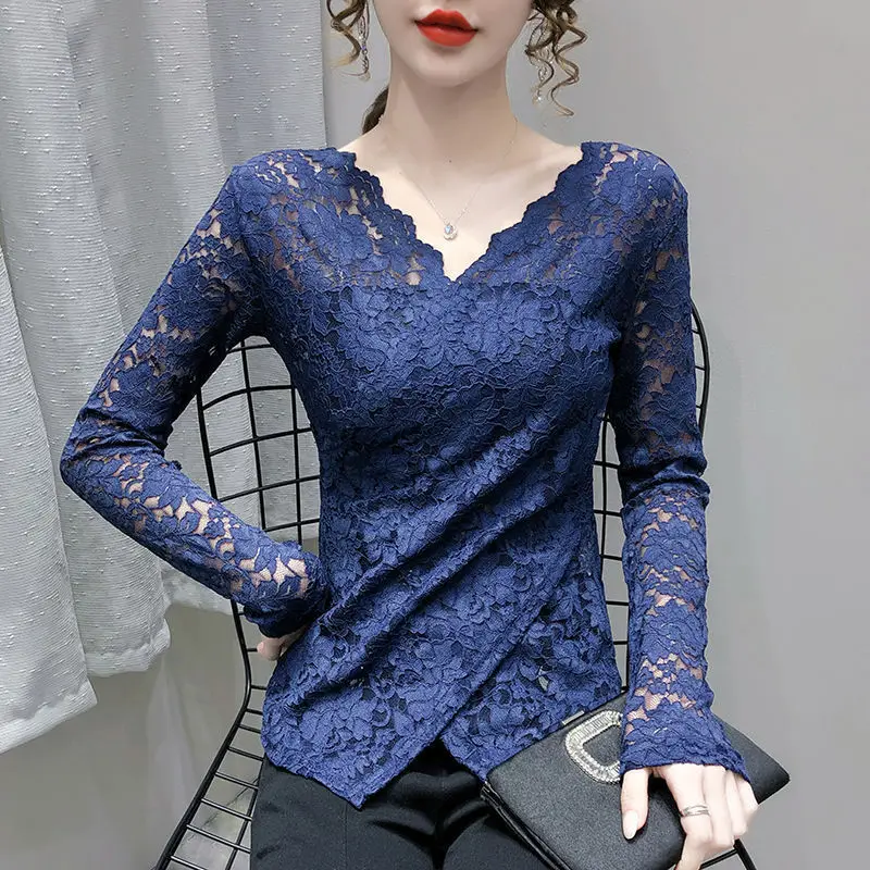 

Elegant Woman Irregular Fashion T-Shirt Spring Summer Long Sleeve V-Neck Hook Flower Hollow Y2K Sexy Slim Female Lace Thin Tops