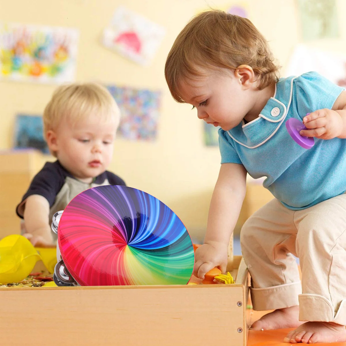 

Percussion Hand Drum Set Double Row Hand Drum Tambourine Drum Set for Toddlers Preschool Educational Toys Rainbow