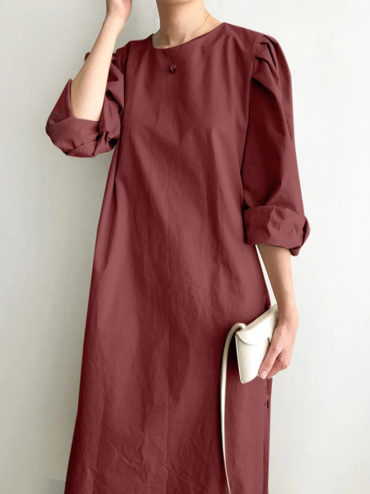 

Женский свободный сарафан с длинным пышным рукавом, модное однотонное платье миди ZANZEA, элегантные хлопковые праздничные платья, трапециеви...