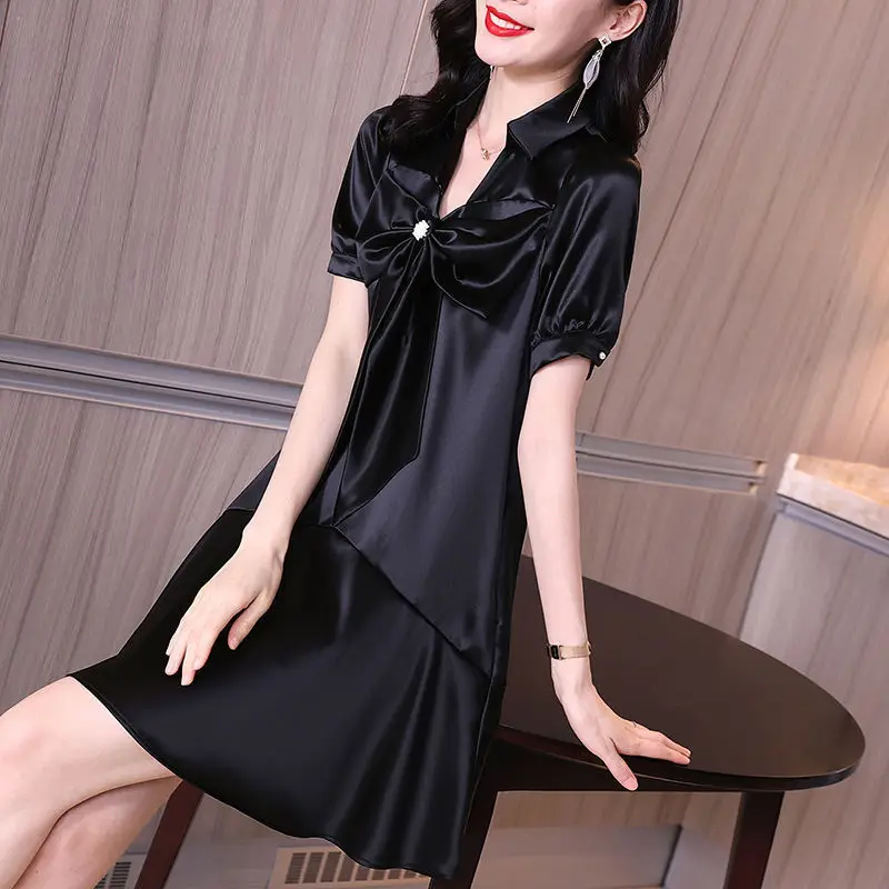 

Summer Dress women's clothing 2022 new style and a POLO collar bow sister show thin little black short sleeve solid dress