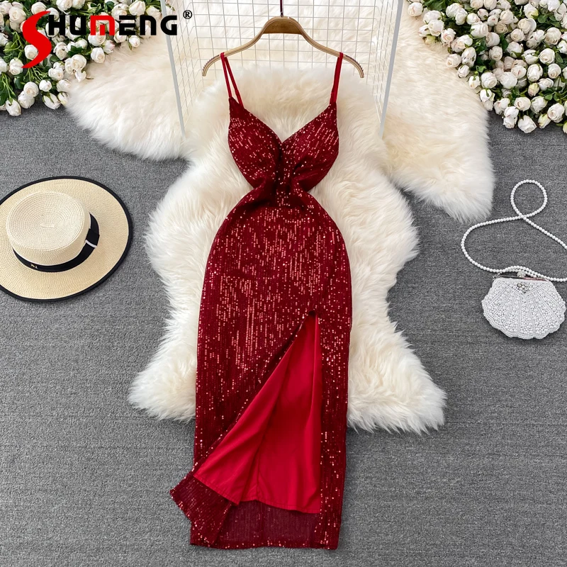 

Женское банкетное платье без рукавов, Красное Длинное облегающее платье на бретельках с V-образным вырезом и разрезом