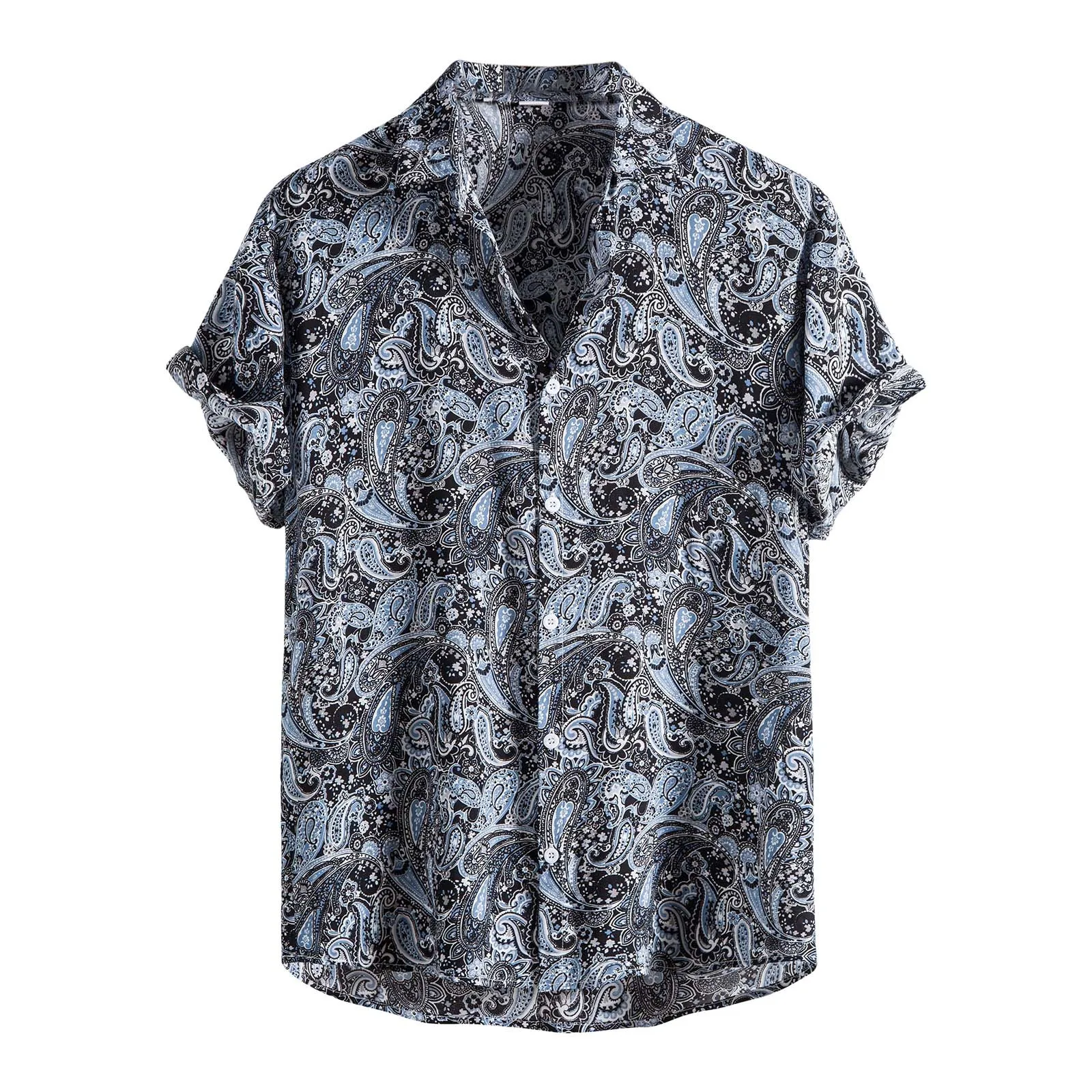 

Men Spring Summer Turndown Collar Printed Casual Top Shirt Short Sleeve Button Fashion Printed Spandex Black Long Sleeve Shirt