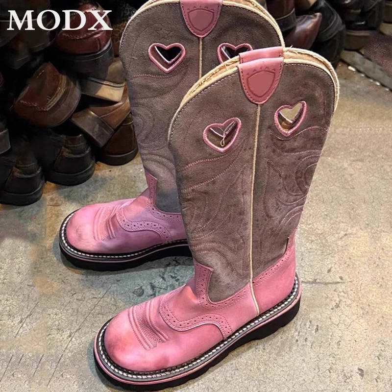 

Женские ковбойские сапоги Pink West, длинные сапоги на толстой подошве с вышивкой и круглым носком, ажурные дизайнерские модельные сапоги в стиле пэчворк