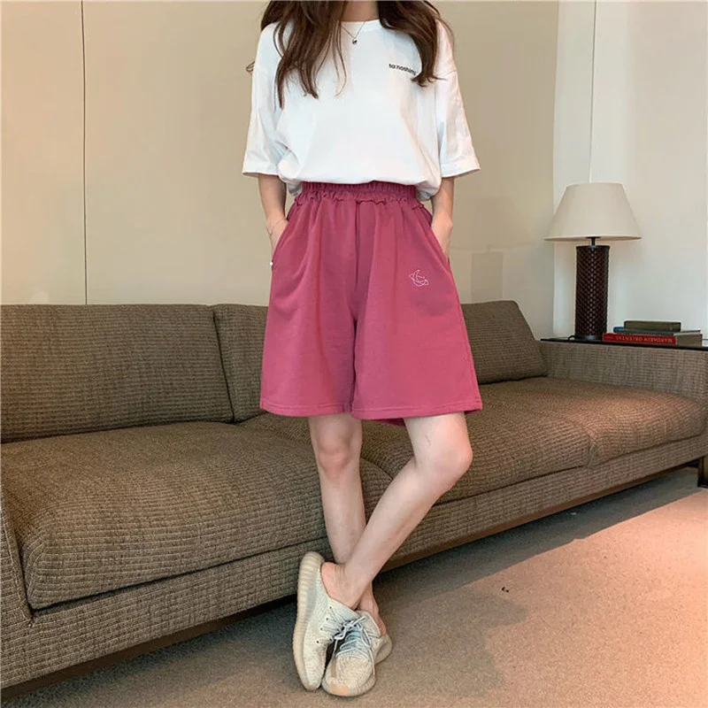 Shorts Women Summer Loose  Solid Embroidery BF Wide-leg Knee-length Harajuku Casual Simple High Elastic Waist loose clothing