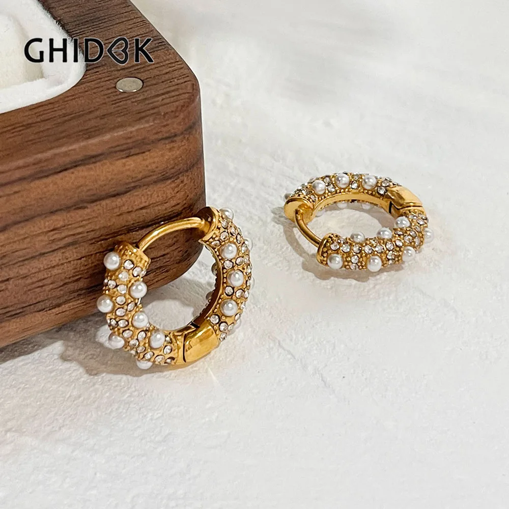 

GHIDBK Pretty Pave Cz Pearls Small Thick Hoop Earrings for Women Stainless Steel 18K Gold Plated Chunky Huggie Earrings Gifts