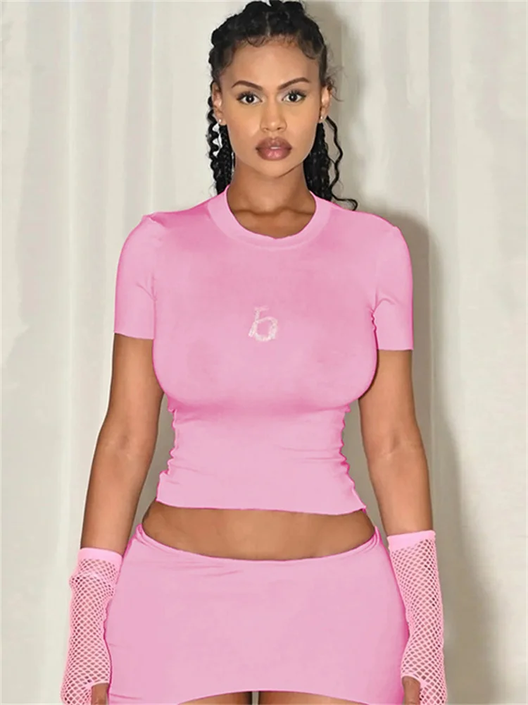 

WJFZQM летний женский повседневный уличный костюм женский из двух предметов короткий рукав с блестками буквы сексуальный короткий топ и Асимм...