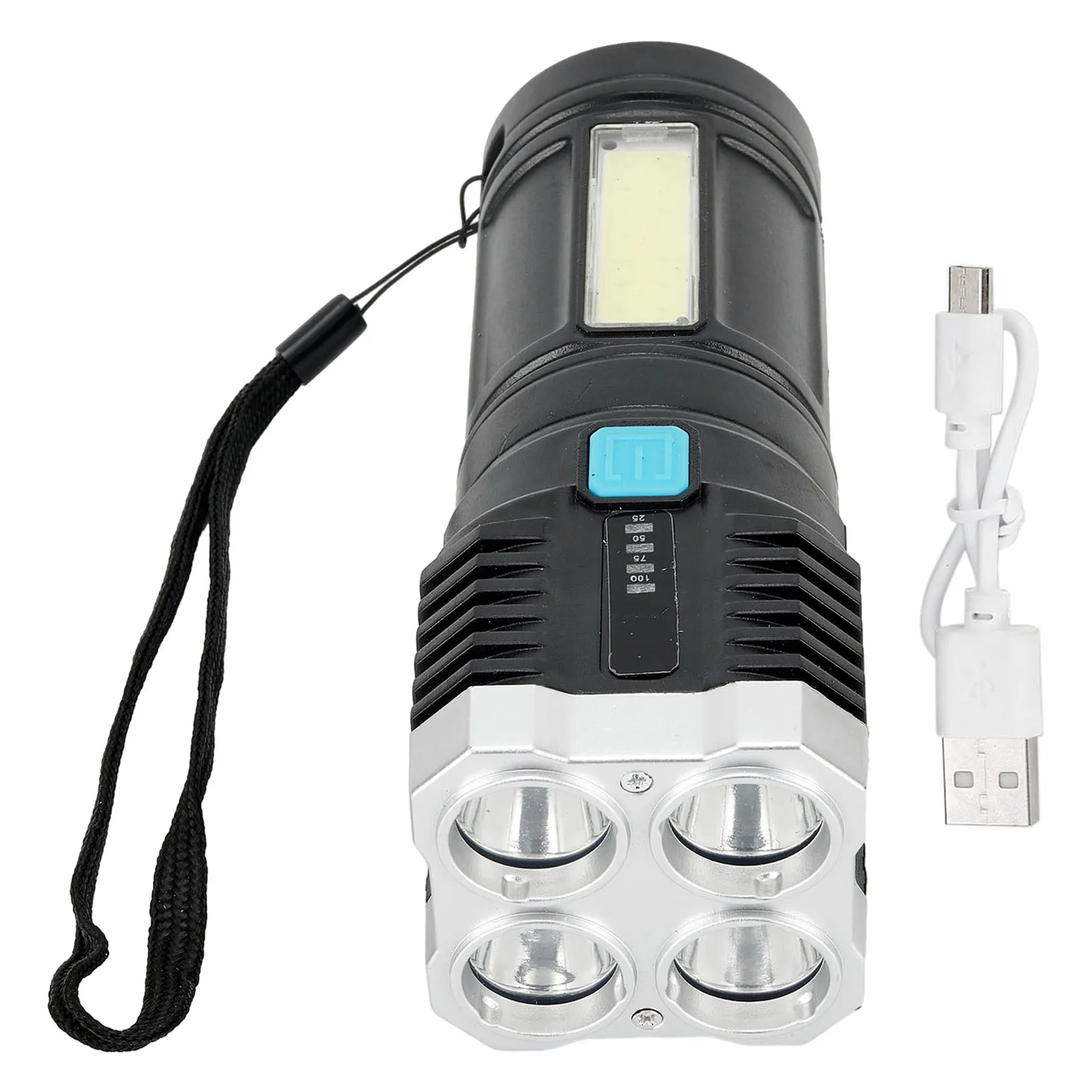 

LED Anti-explosion Four Core Light Plastic+Metal Source Flashlight Strong Light USB Rechargeable With USB Cable