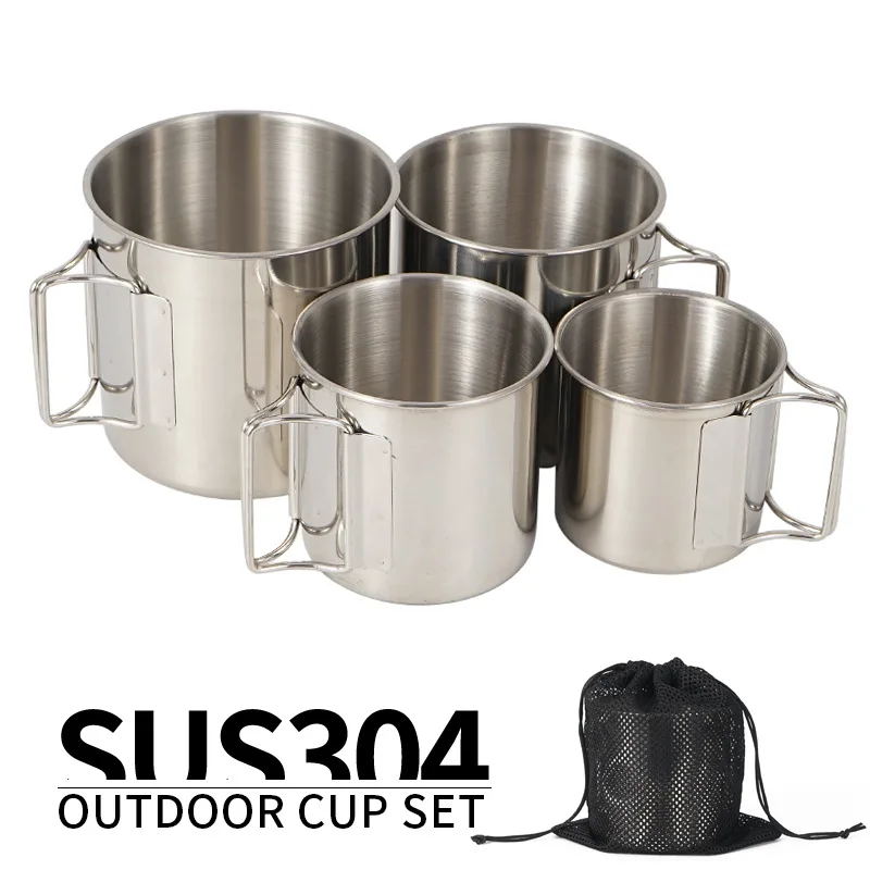 

HDIRXG 4 Piece Set Stainless Steel Camping Cup Portable Folding Tourism Tableware Set Lightweight Hiking Cooking Set Cookware