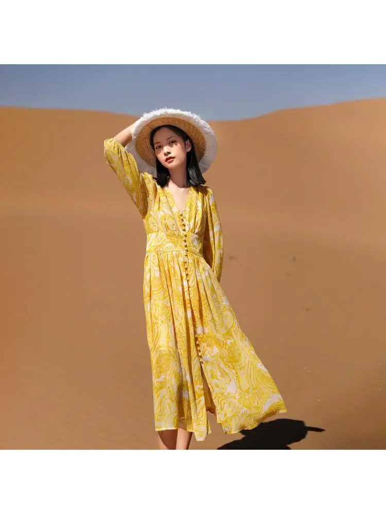 

2023 Spring/Summer Printed Beach Seaside Holiday High Waist Wrist Sleeve Bohemian Super Fairy Women Long Yellow Chiffon Dress
