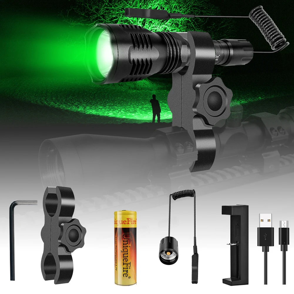 UniqueFire HS-802 Green Light XRE LED Flashlight 5 Modes Torch Full Set Lanterna Waterproof For Hunting Night Fishing