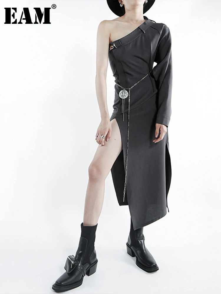 

[EAM] Women Gray Irregular Slit Long Dress New Asymmetrical Collar Long Sleeve Loose Fit Fashion Spring Autumn 2022 1DD9747