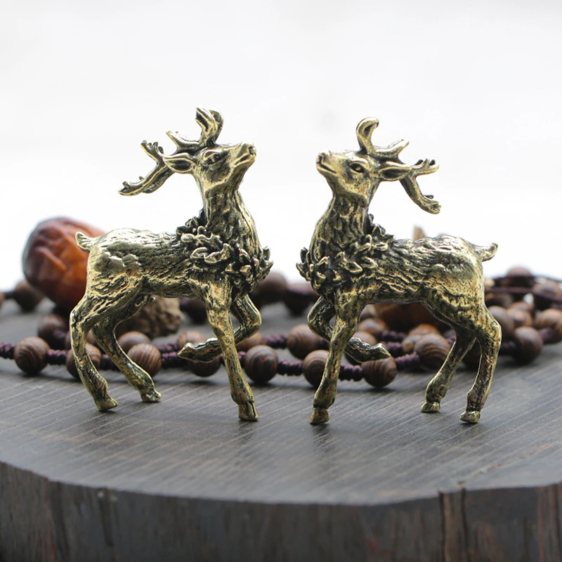 

2PCS Pure Copper Deer Sculpture Ornaments Solid Brass Sika Miniature Figurines Lucky Feng Shui Crafts Desk Decorations