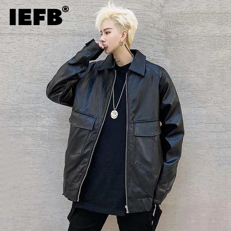 

IEFB Darkwear Niche Loose Lapel Casual Multi Pocket PU Leather Men Coat 2023 Turn-down Collar Solid Color Male Tops 9A6461