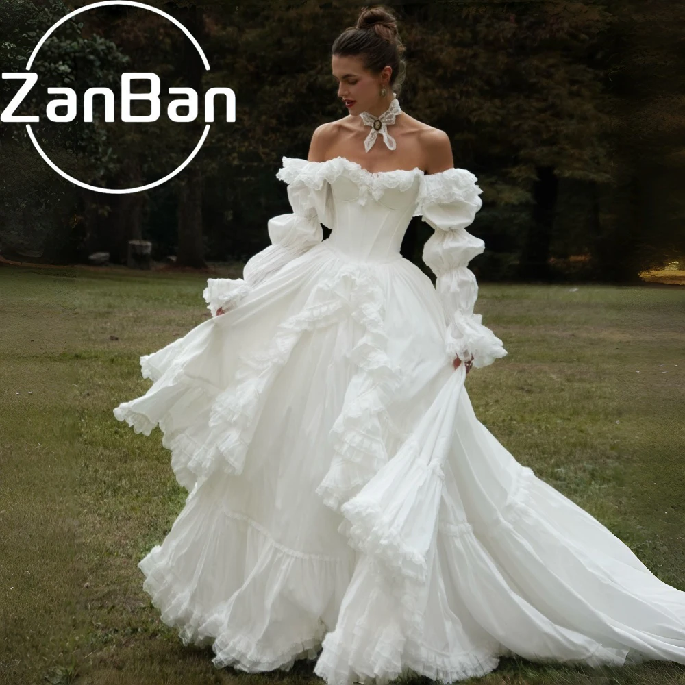 Фото Свадебное платье ZanBan Princess А-силуэта с открытыми плечами, элегантное, с кружевом и длинными рукавами, платье для невесты, индивидуальный пошив, Vestidos De Novia. №2